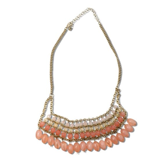 Layered Bib Statement Necklace Dangle Beaded Pink Coral Gold Iridescent Party - Picture 2 of 7